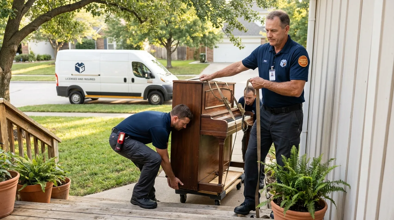 Licensed piano movers securing grand piano in Emporia, KS