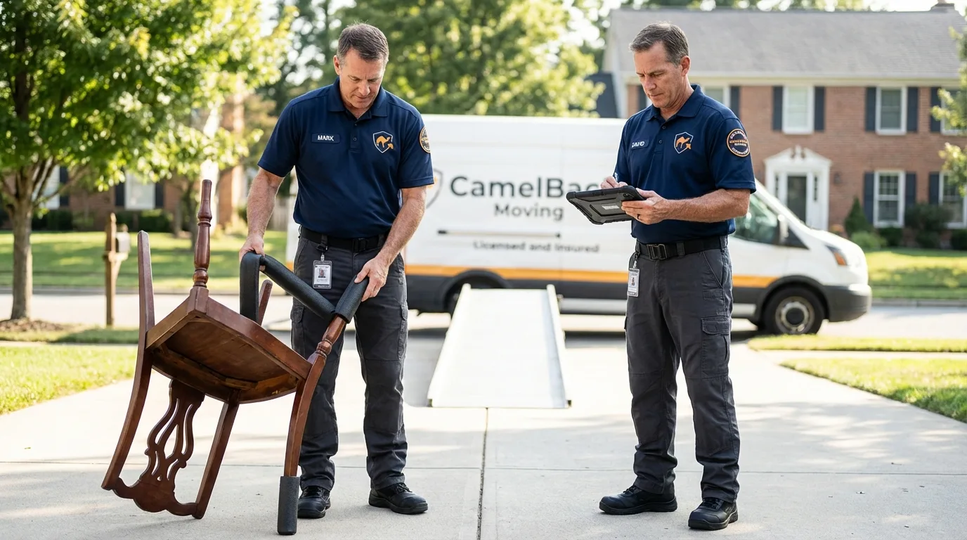 Movers inspecting furniture for damage prevention before loading in Emporia, KS