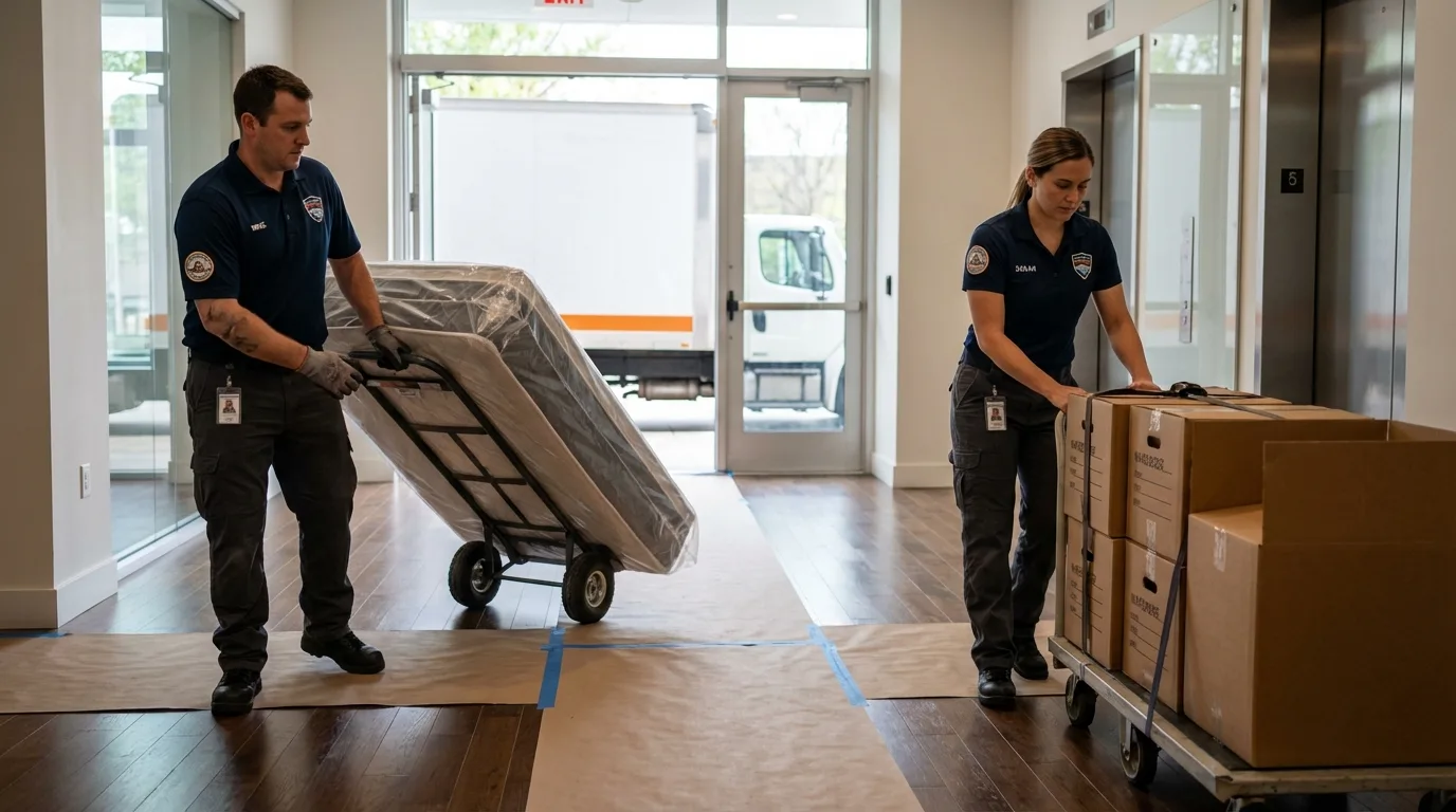 Professional apartment movers loading elevator in Emporia, KS